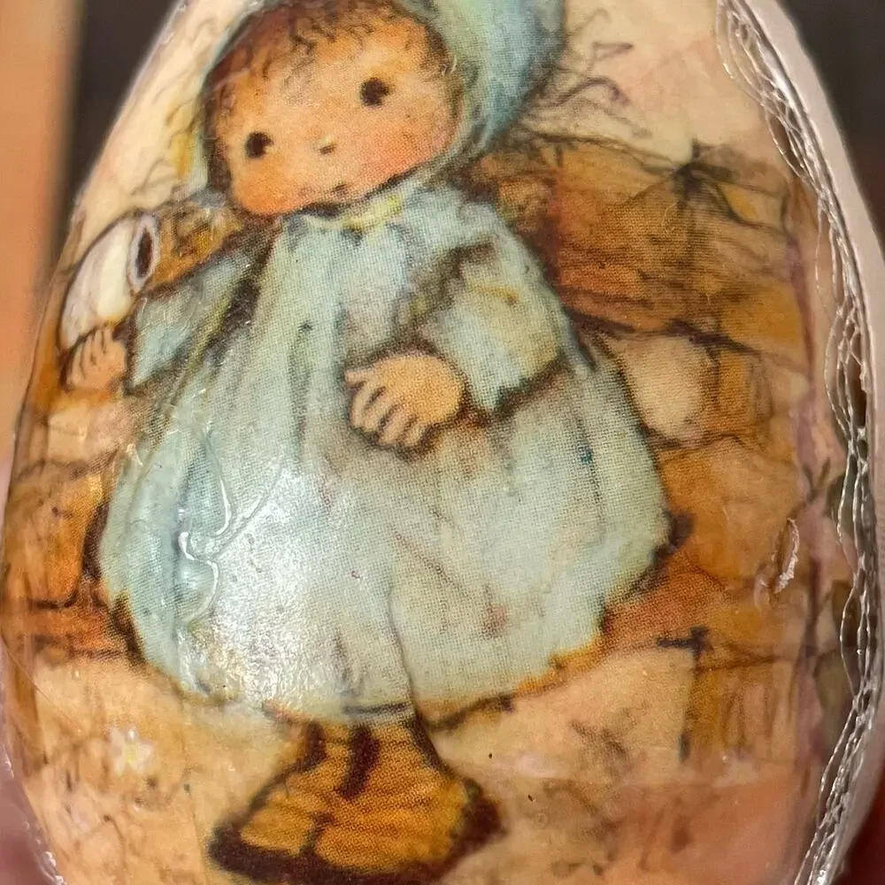 Vintage Decoupage Ornament Holly Hobbie? Handmade 70's Beaded Christmas Holiday